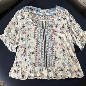 Lucky Brand Blue and Cream Floral Blouse